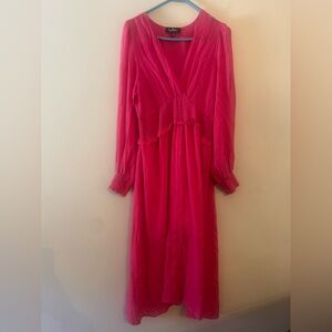 Lulus Hot Pink Long Sleeve Smocked Waist Button Front Midi Dress L